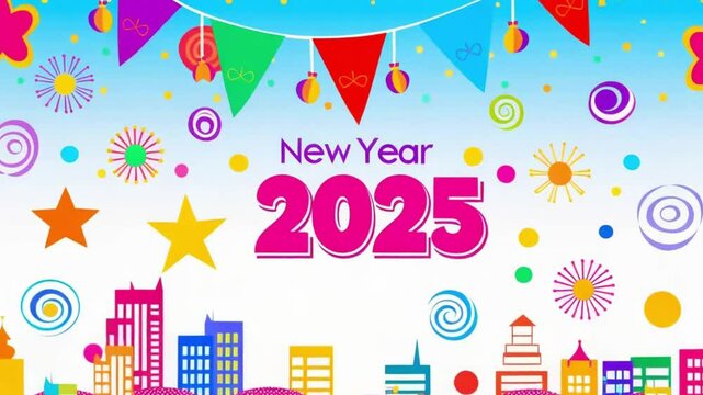 A festive background celebrating New Year 2025, featuring vibrant colors, cheerful designs, and elements that embody joy and new beginnings.