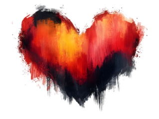 Vivid heart-shaped abstract painting with fiery colors.