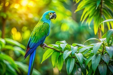 Obraz premium Colorful Blue and Green Parrot Perched on Branch in Lush Greenery - Exotic Wildlife Photography