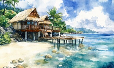 Fototapeta premium Watercolor Matamanoa Island Resort is a secluded, resort located in the Mamanuca Islands of Fiji