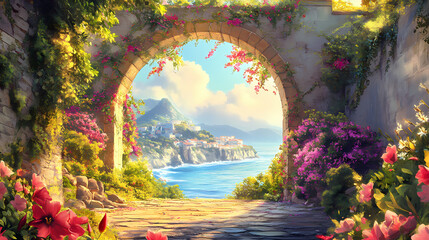 A stunning archway leads to a beautiful coastal view. this artwork captures vibrant flowers and lush greenery. the bright colors invite relaxation and inspiration. Coastal Archway. Illustration