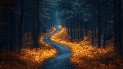 Obraz premium A winding path through a mystical forest illuminated by orange light.