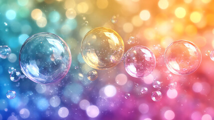 Beautiful sphere soap bubbles float in air on multicolor vibrant gradient wallpaper 