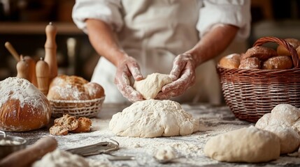 Fototapeta premium Baker Kneading Fresh Dough in Rustic Kitchen