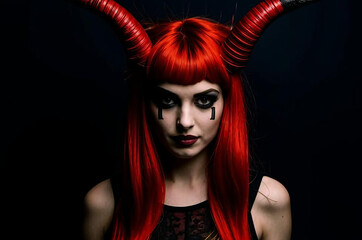 Fototapeta premium A beautiful demon girl with red hair and devil horns.