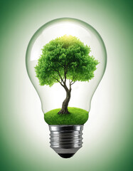 tree and green grass growing inside light bulb energy conservation ecology concept