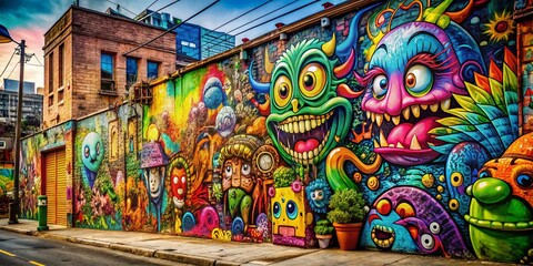 Fototapeta premium Colorful Graffiti Landscape with Grunge Street Art and Doodle Monsters for Urban Photography