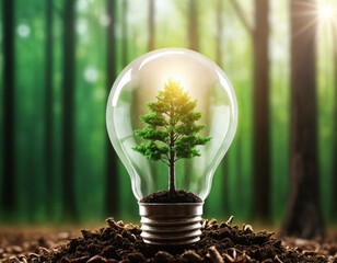 light bulb with enclosed tree in forest landscape green energy environmental conservation ecology concept