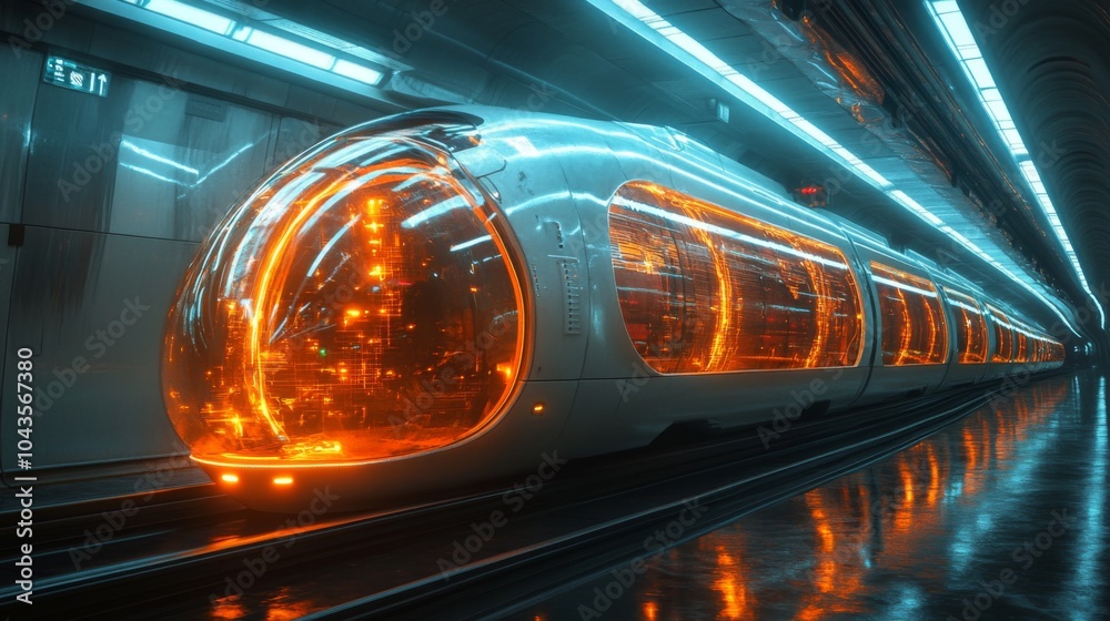 Poster a futuristic train glows with vibrant orange lights while stationed in a sleek underground environme