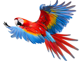 Obraz premium A vibrant scarlet macaw with colorful wings soaring in flight against a white background.