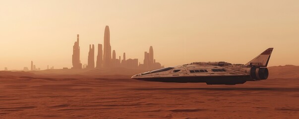 A futuristic spaceship rests on a barren landscape, with towering structures in the background under a hazy sky.