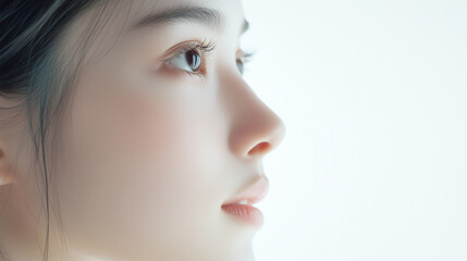 若くてかわいいアジア人女性モデル。ナチュラルで肌が綺麗な横顔のショット。美容ポートレート。