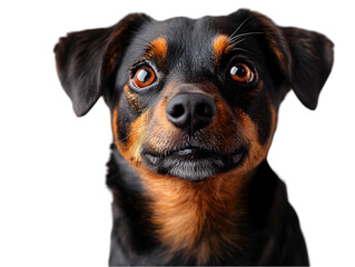 Fototapeta premium Close-up of a curious black and tan dog with expressive eyes against a white background.
