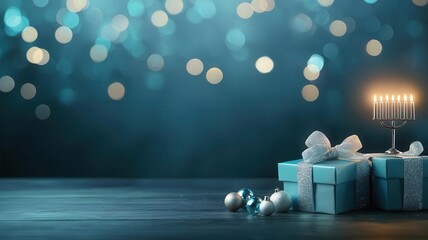 Blue and silver Hanukkah gift boxes tied with ribbons, next to glowing menorah and dreidels Hanukkah