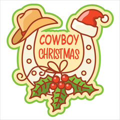 Cowboy Christmas horseshoe with holiday symbols. Vector illustration Country Christmas with cowboy hat and Santa hat isolated on white
