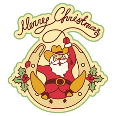 Naklejka premium Santa cowboy christmas . Vector Santa with cowboy boots and western hat sit on horseshoe decorated holly berry and hold lasso christmas text