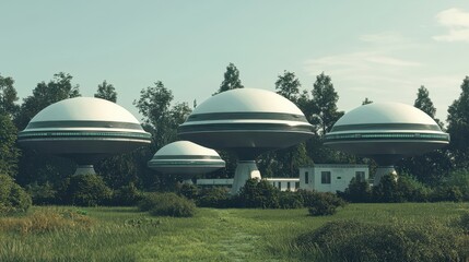 Futuristic flying saucers in a serene countryside setting, surrounded by trees and a small building.