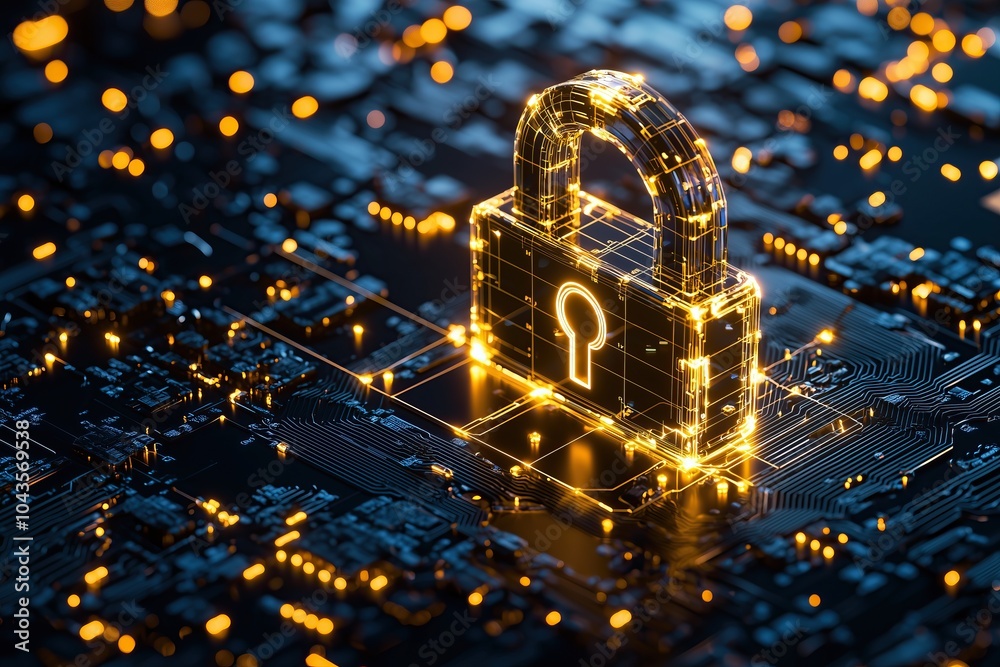 Poster glowing padlock sits on tech circuit board symbolizing technology digital security