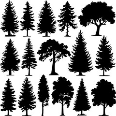 Set of Various Black Tree Silhouettes, Diverse Tree Designs for Graphic Elements