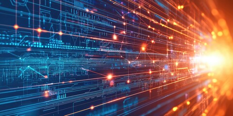 Obraz premium An abstract tech background features lines and glowing nodes linking business icons and data points, illustrating network communication.