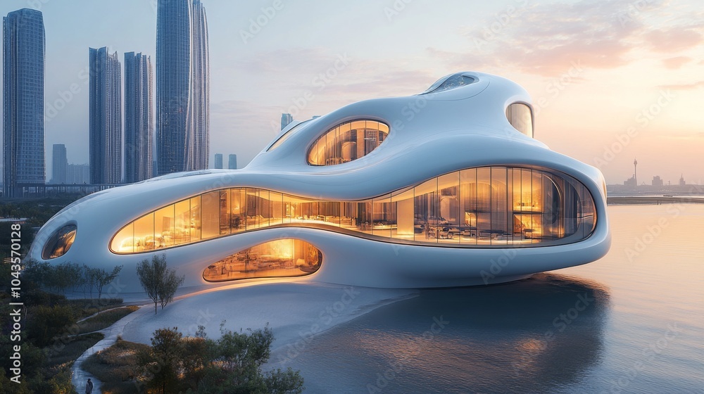 Poster a striking modern building with an organic shape glows warmly at dusk. situated by the water, it con