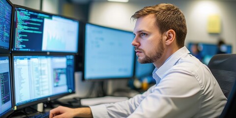 A cybersecurity analyst monitors an encrypted network across multiple screens in an office setting, with no people present.