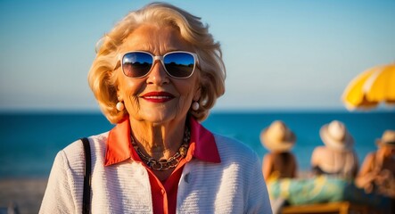 redhead elderly woman summer vacation bright background wearing fashion portrait