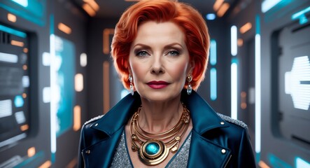 Fototapeta premium redhead mature woman futuristic tech bright background wearing fashion portrait
