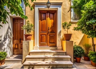 Fototapeta premium Contemporary Greek House Entrance with Wooden Door and Steps - Athens Travel Photography