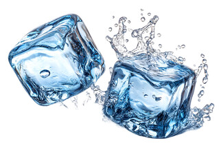 Two ice cubes in mid-air surrounded by splashing water against a white background.