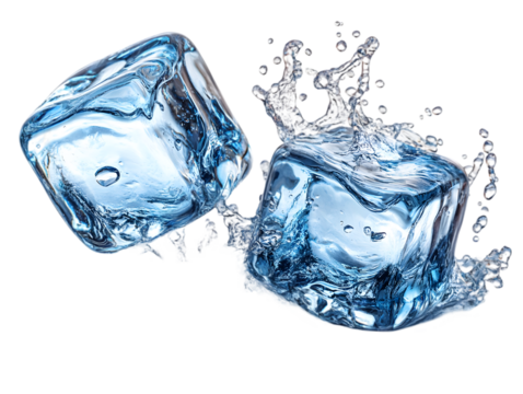 Two ice cubes in mid-air surrounded by splashing water against a white background.