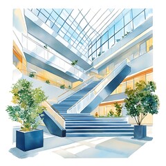 Fototapeta premium Modern Office Building Interior with Staircase and Plants.