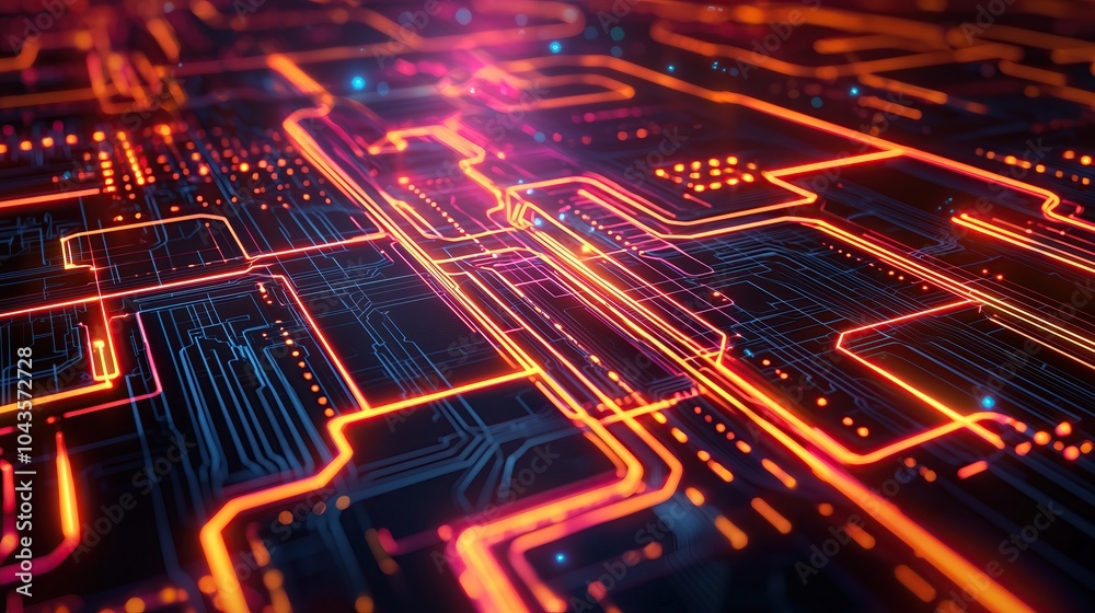 Poster abstract glowing circuit board with orange and blue lines technology background