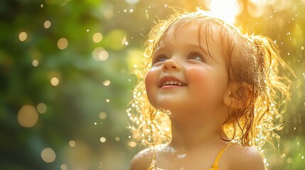 Fototapeta premium Child playing in the sun with visible exhaustion, red cheeks and heavy sweating, heat stroke risk, heat illness in children