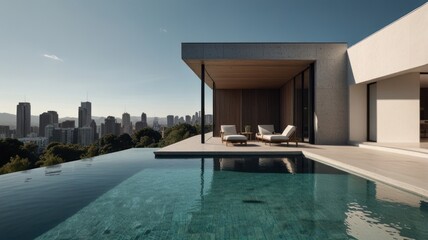 Obraz premium Modern house with an infinity pool overlooking a city skyline.