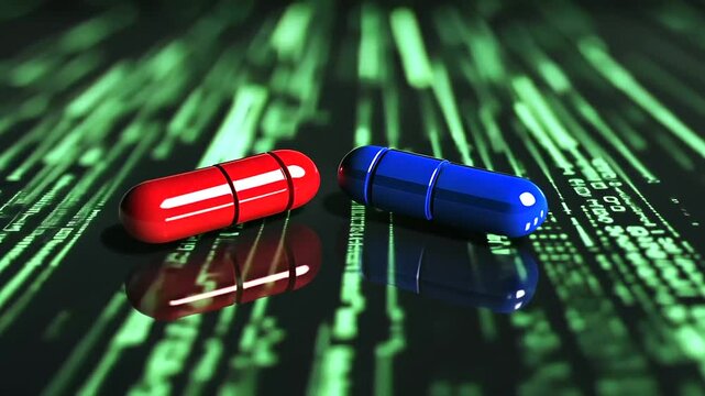 Two glowing pills, one red and one blue, rest on a sleek surface, with a digital green matrix background, emphasizing the symbolism of choice and consequence in a tech-driven world