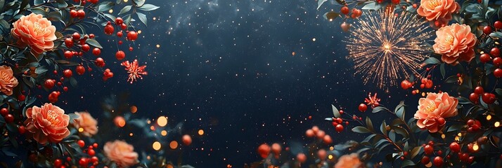 Elegant and Vibrant Happy New Year 2025 Banner Featuring a Stunning Fireworks Display Against a Dark Background with Ample Copy Space for Additional Text