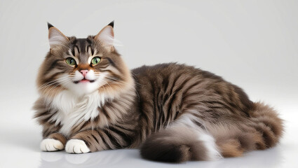 Cat PNG set - sitting photo of happy Norwegian Forest cat isolated transparent background