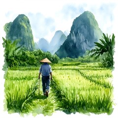 Fototapeta premium Watercolor painting of a man walking through a rice paddy field in Vietnam.