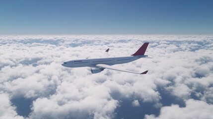 Obraz premium An airplane flying above the clouds in a clear blue sky.