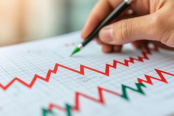 A hand with a pen charts a fluctuating graph showing red and green lines, symbolizing market trends and data analysis.