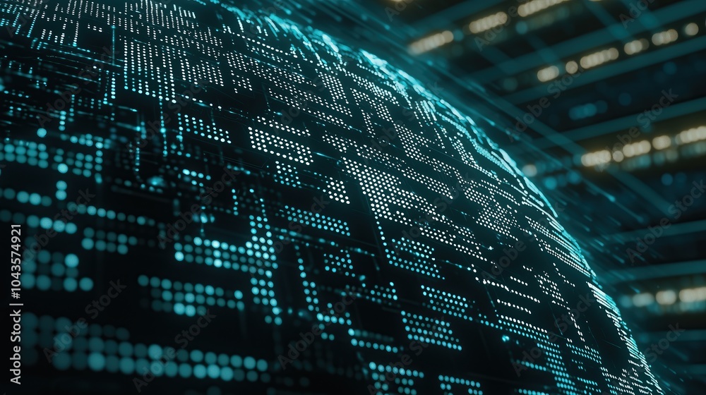 Poster glowing digital technology globe with rows of big data interconnected modern world