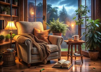 Fototapeta premium Cozy Reading Nook at Home with Warm Lighting and Comforting Textures