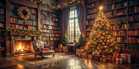 Cozy Vintage Christmas Library Filled with Books and Festive Decorations