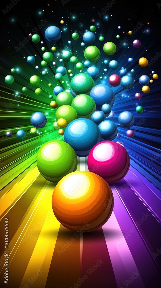 Poster colorful 3d spheres on colorful striped background vertical format