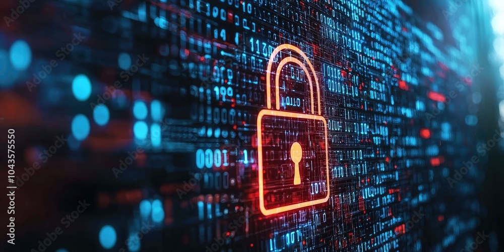 Poster A network security system interface displays a padlock and binary code, symbolizing the concept of data encryption, no people present.