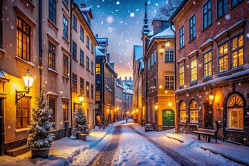 Fototapeta premium Cozy Winter Evening Street in Stockholm with Surreal Warm Lighting and Winter Atmosphere