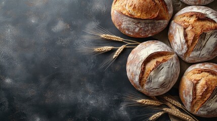 Bakery - rustic crusty loaves of bread and buns on black background