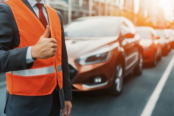 hotel valet man in safety vest gives thumbs up in front of row of parked cars
