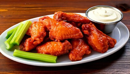 Juicy chicken wings covered in hot sauce, glistening with heat, served with celery sticks and ranch